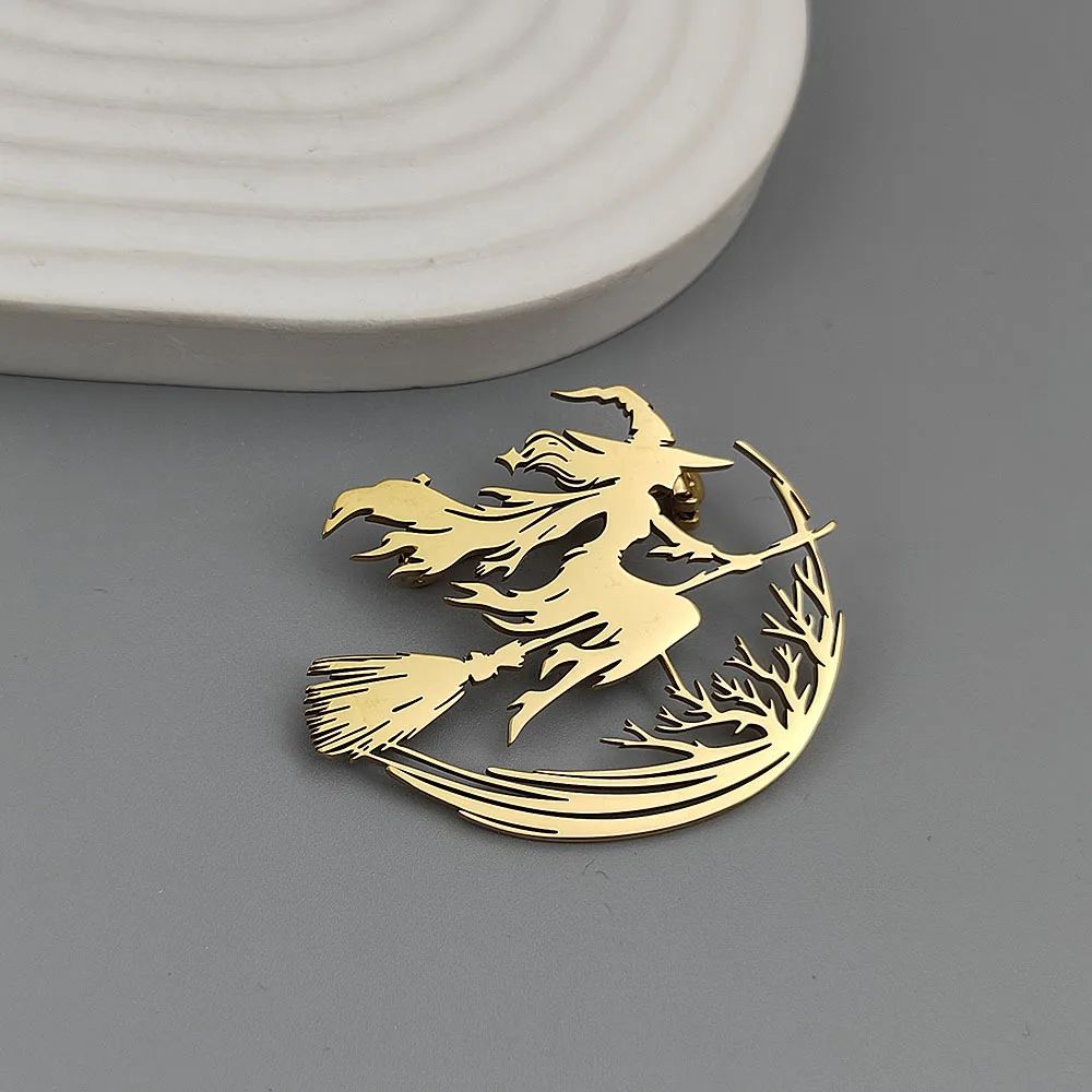 Stainless Steel Hollow Witch on Broom Lapel Pin Retro Moon Tree Pattern Brooch Clothing Badge Jewelry Halloween Party Accessory