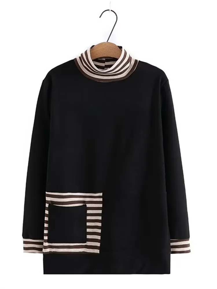 

Plus Size Women's Shirts Long Sleeve High Collar Spring And Autumn Striped Patchwork With Stretch Casual T Shirt With Pocket Top