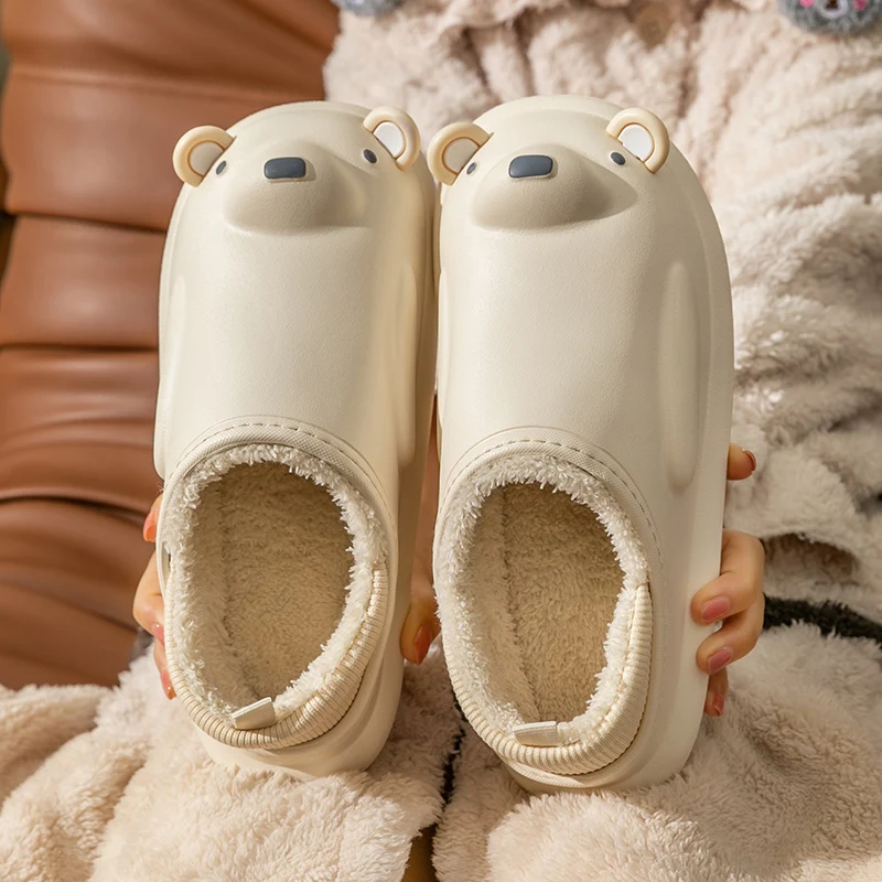 Chinelos de algodão urso para mulheres, corrediças de plataforma de sola macia, sapatos impermeáveis para neve, pele de pelúcia quente, EVA, exterior, inverno