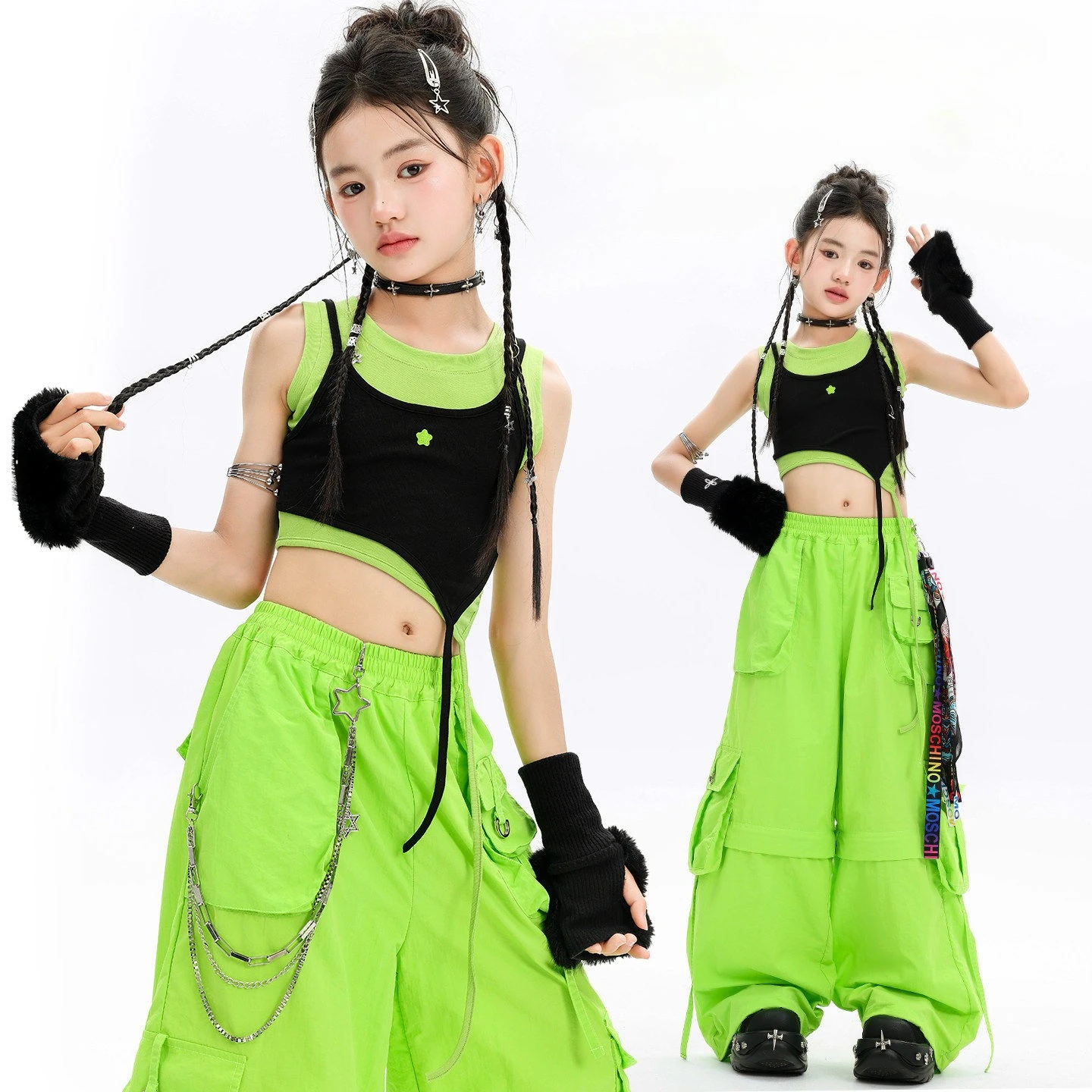 Kid Kpop Hip Hop Clothing Black Green Layered Crop Tank Top Casual Knee Zip Cargo Pants for Girls Street Dance Costumes Clothes