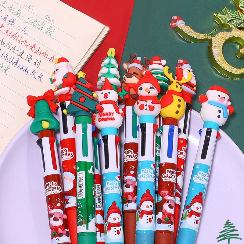 Caneta esferográfica multicolorida, desenho animado, natal, papai noel, boneco de neve, recarga colorida, multifuncional, 4 cores em uma papelaria