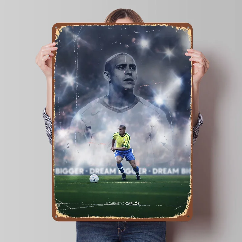 Roberto Carlos Soccer Legend Portrait Poster Customized Vintage Metal Signs Wall Art Retro Tin Plaque for Mancave Room Decor Men