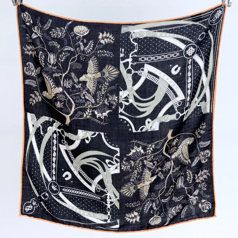 65x65CM Double Sided Printed Square Scarf 70% WOOL 30% MULBERRY SILK Retro Bird Floral Horsebit Pattern Elegant Neck Scarf Wraps