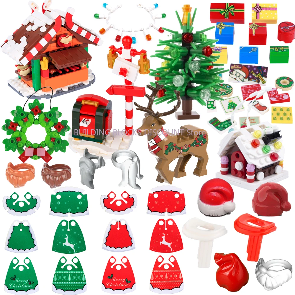 MOC City Christmas Scene Building Blocks Barbecue Stand Mailbox Reindeer Garland Santa Claus Hat Beard Scarf Cape Toy Gifts D12