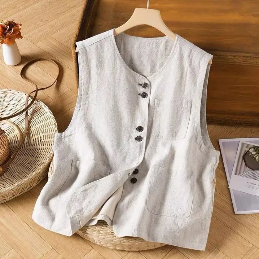 Womens Cotton Linen Buttons Waistcoat Thin Vest