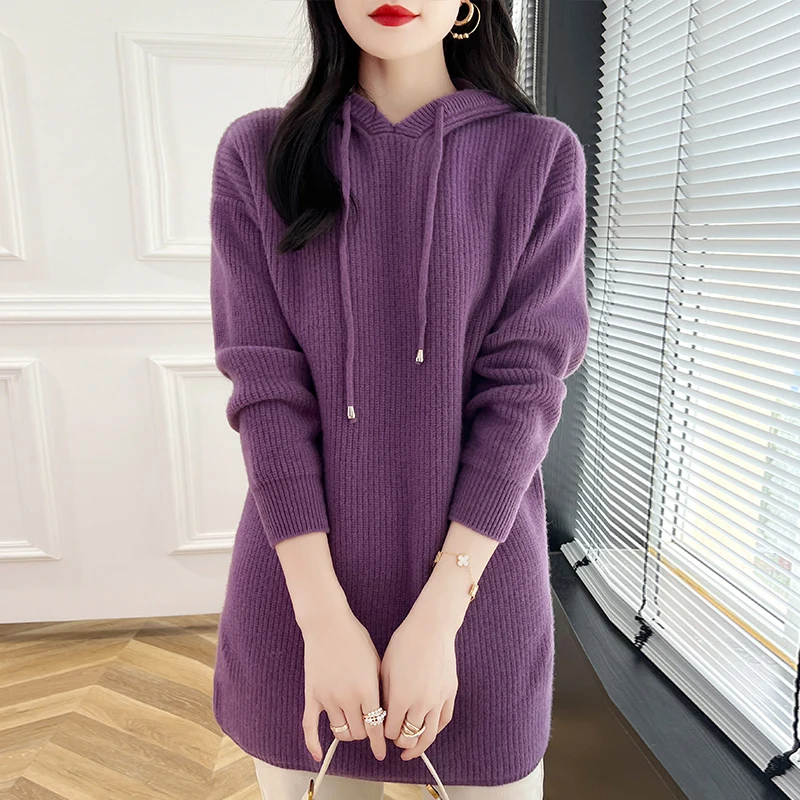 Autumn/winter long hoodie 100% wool cashmere sweater women loose Korean knitted pullover hoodie solid color wear tide big top