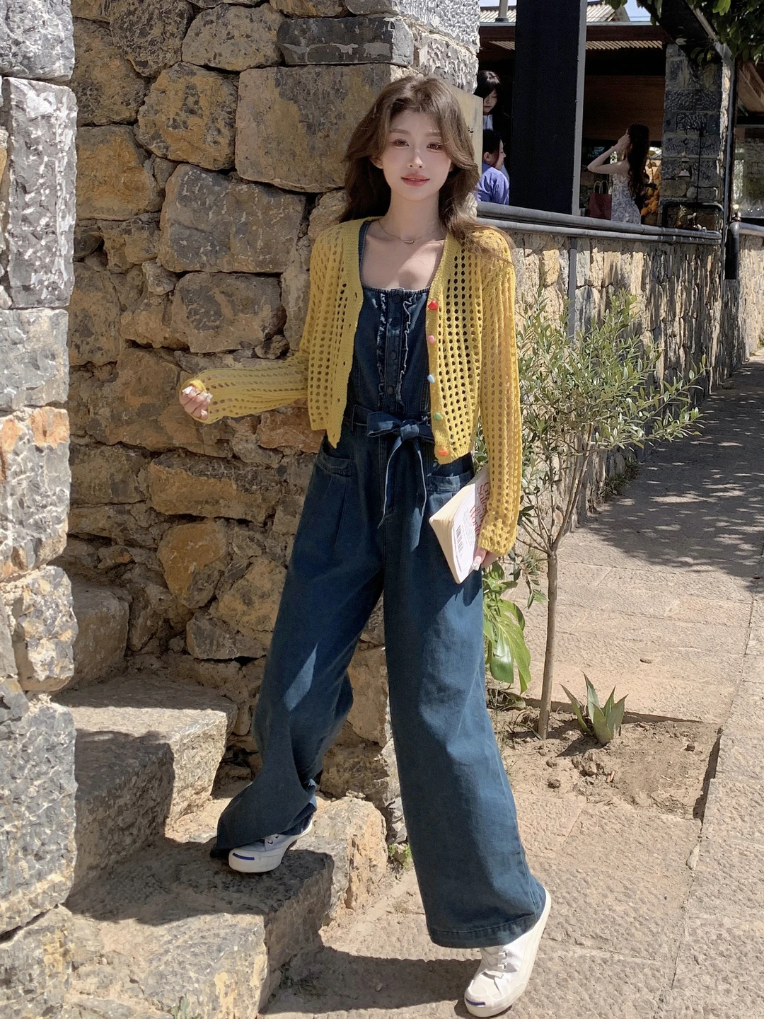 

Retro Hong Kong Chic Denim Jumpsuit Women's Spring Summer Korean Sle Godd Ele Two-Piece Set awl Casual Faion