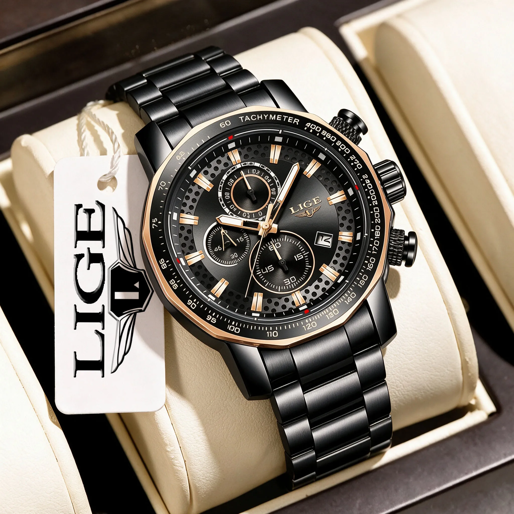 LIGE Uhren für Herren 2026 Neue Business-Sport-Chronograph Quarz-Armbanduhr Wasserdicht Großes Zifferblatt Herrenuhr Reloj Hommes+BOX