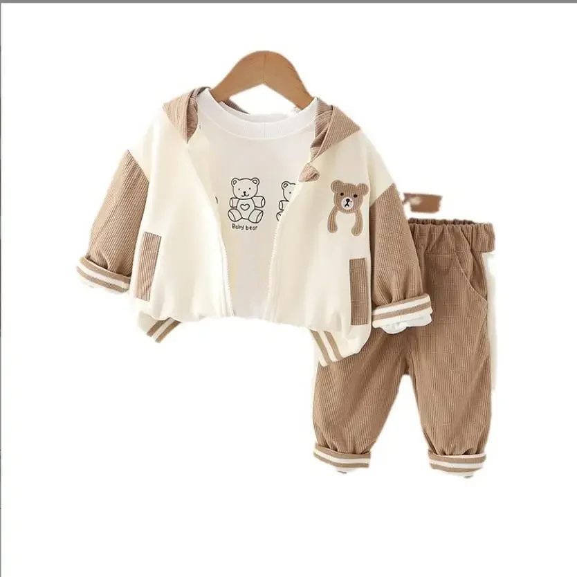 Toddler Outfits for Kids Baby Clothes 6 To 12 Monthes Patchwork Bear Hooded Jackets+White T-shirts+Pants 3Pcs Infant Boys Sets