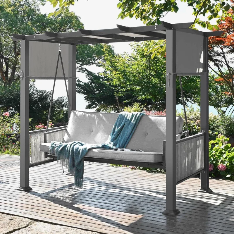 

2026 New：2 in 1 Porch Bed Swing with Adjustable Canopy,3 Patio Swing with Wicker Armrests, Outdoor Porch Swing