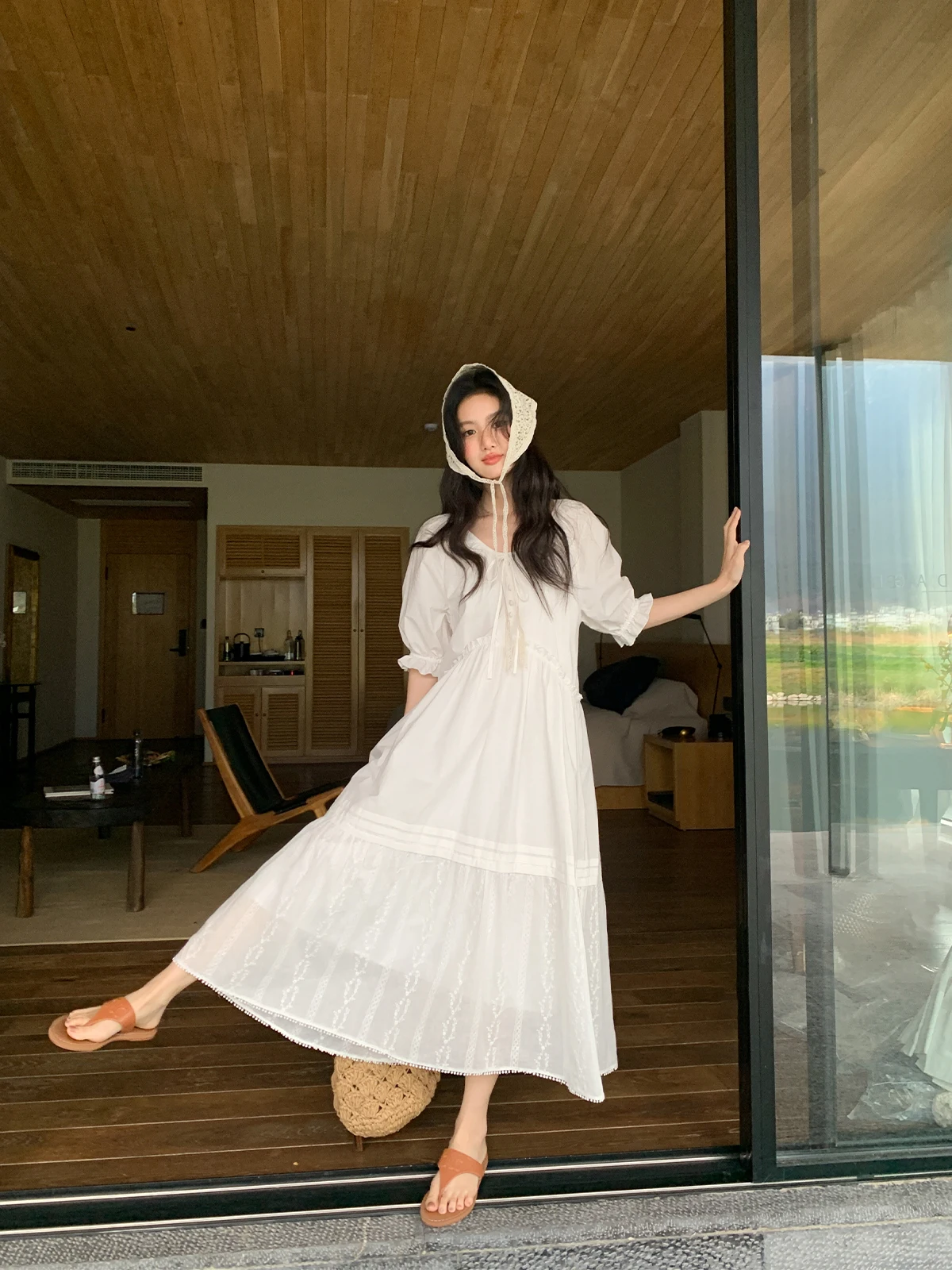 Bonjour vacances Sle oulder insérer Sve cravate taille longue Dr femmes été nouveau doux fée a-ligne coton Dr