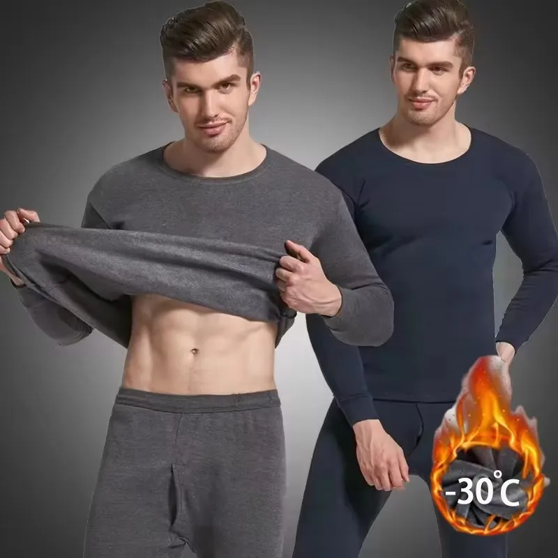 Men\'s Warm Underwear Set with Round Neck Brushed and Plushed Thickened Autumn Clothes and Autumn Trousers for Cold and Warm Prot