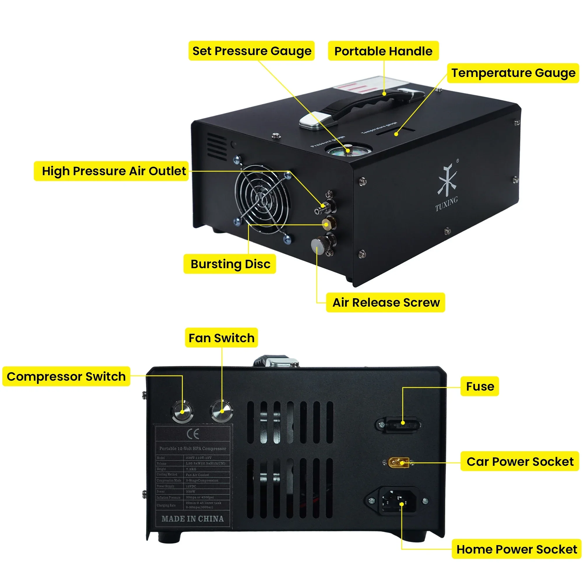 TUXING 300Bar PCP Air Compressor 4500Psi Electric High Pressure Compressor with Built-in Transformer for Scuba Diving Air Rifle