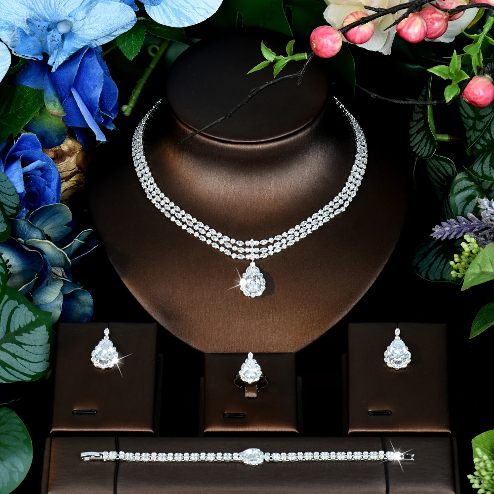 HIBRIDE Exquisite Elegant Droplet Set Necklace Earrings and Bracelet Womens Everyday Jewelry Wedding Bridal Travel Gift S-1266