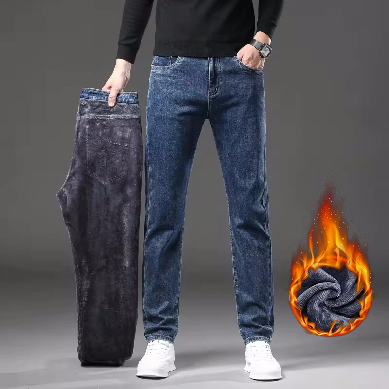 3 cores novas calças de brim quentes de lã masculina inverno grosso veludo negócios clássico fino ajuste calças estiramento casual denim calças masculinas