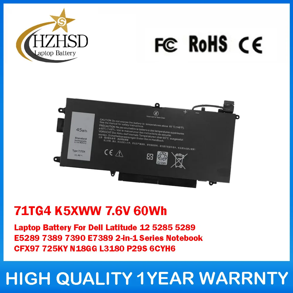 

71TG4 K5XWW 7.6V 60Wh Laptop Battery For Dell Latitude 12 5285 5289 E5289 7389 7390 E7389 2-in-1 Series Notebook CFX97 725KY