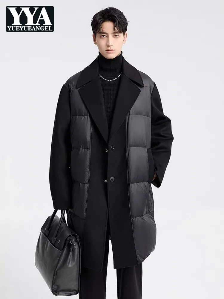 

New Fashion Men Winter Thick Warm Long Down Jacket Spliced Woolen Blends Single Breasted Straight Business Work Overcoat Outwear