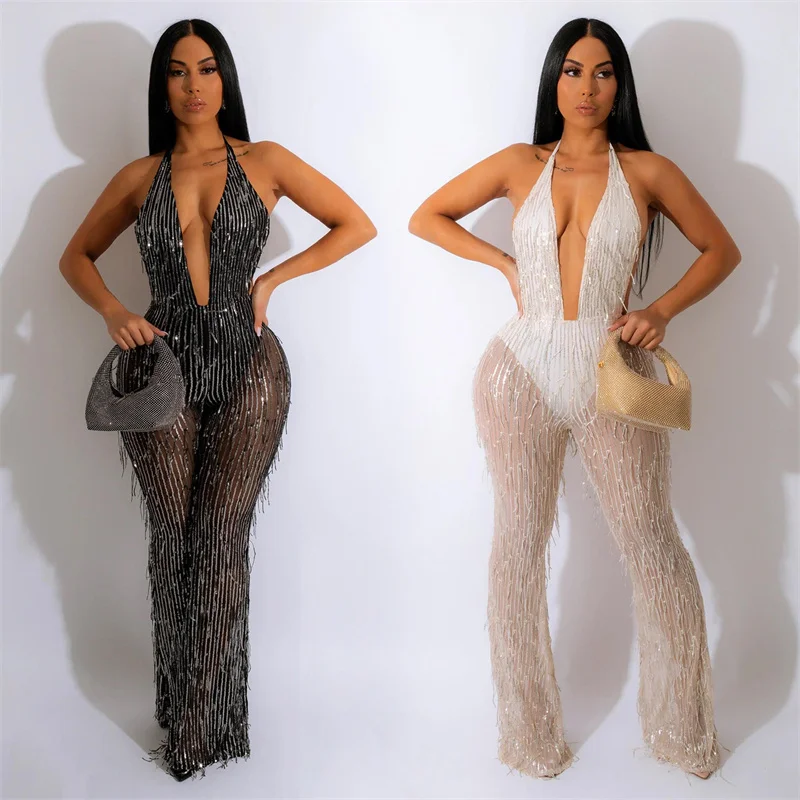 Sexy Sparkly Tassel Sequin Rompers Womens Jumpsuit Overalls for Women Night Club Party Halter Backless V-neck Wide Leg Romper