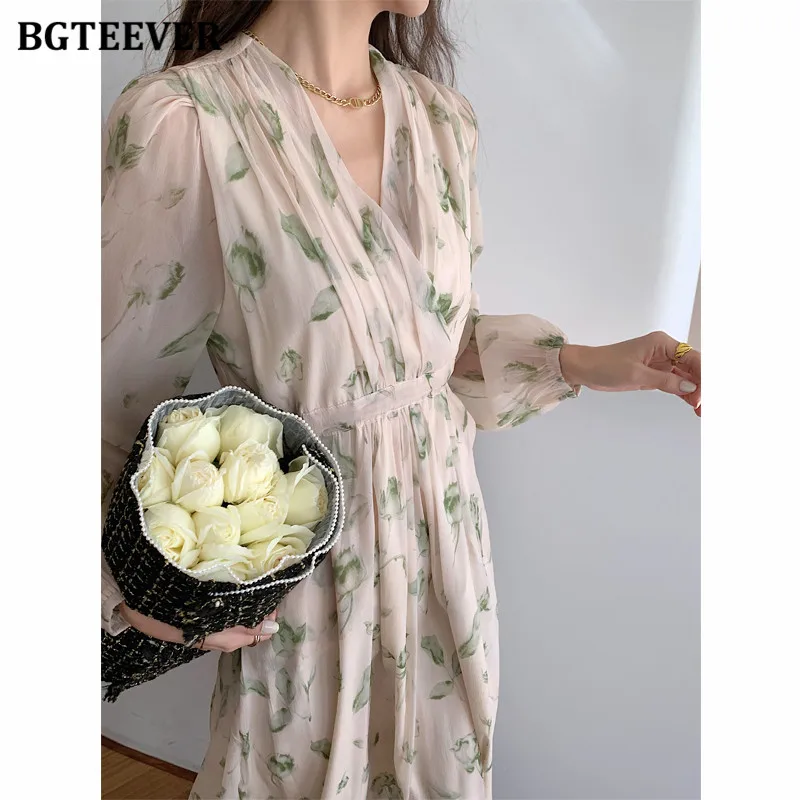 BGTEEVER Elegant Slim Waist Pockets Ladies Floral A-line Dress V-neck Puff Sleeve Women Printed Dress Spring Summer Vestidos