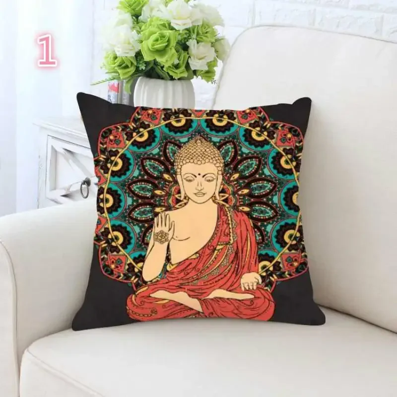 Decorative Pillow Case Buddha Statue Gold Zen Meditation Elephant Mandala Home Jacquard Square