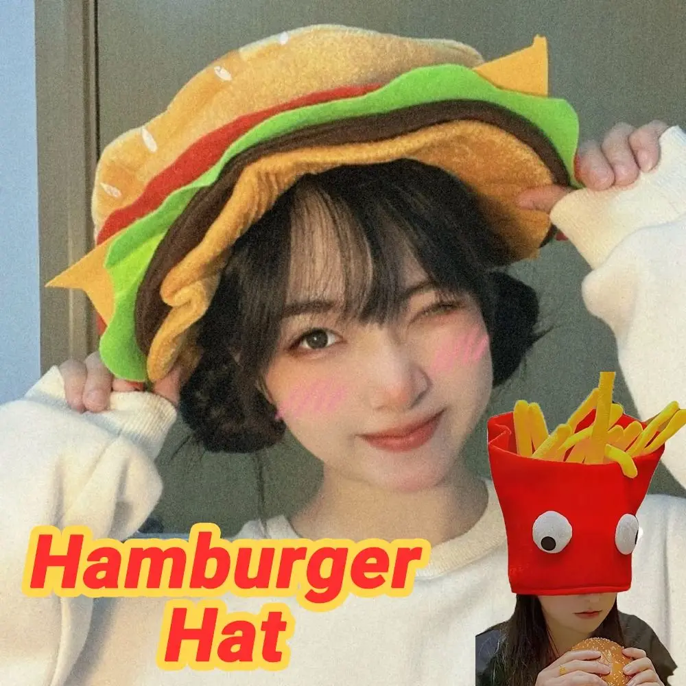 

Novelty Creativity Party Hamburger Hat Cartoon Comfortable Decorative Fries Hat Lightweight Soft Halloween Cap Family Gathering