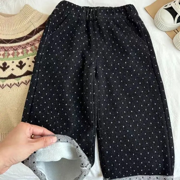 سراويل شتوية واسعة الساق للفتيات جينز للخريف والشتاء للأطفال منقط