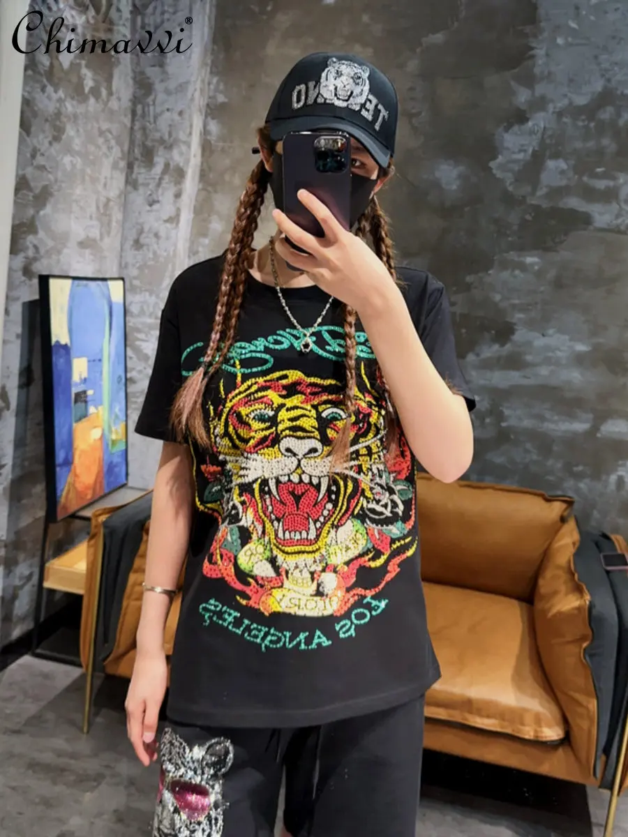 

Fashion Brand Printing Diamond Round Neck T-shirt Female 2023 Spring New Heavy Industry Tiger Head Cotton Short-Sleeved Top