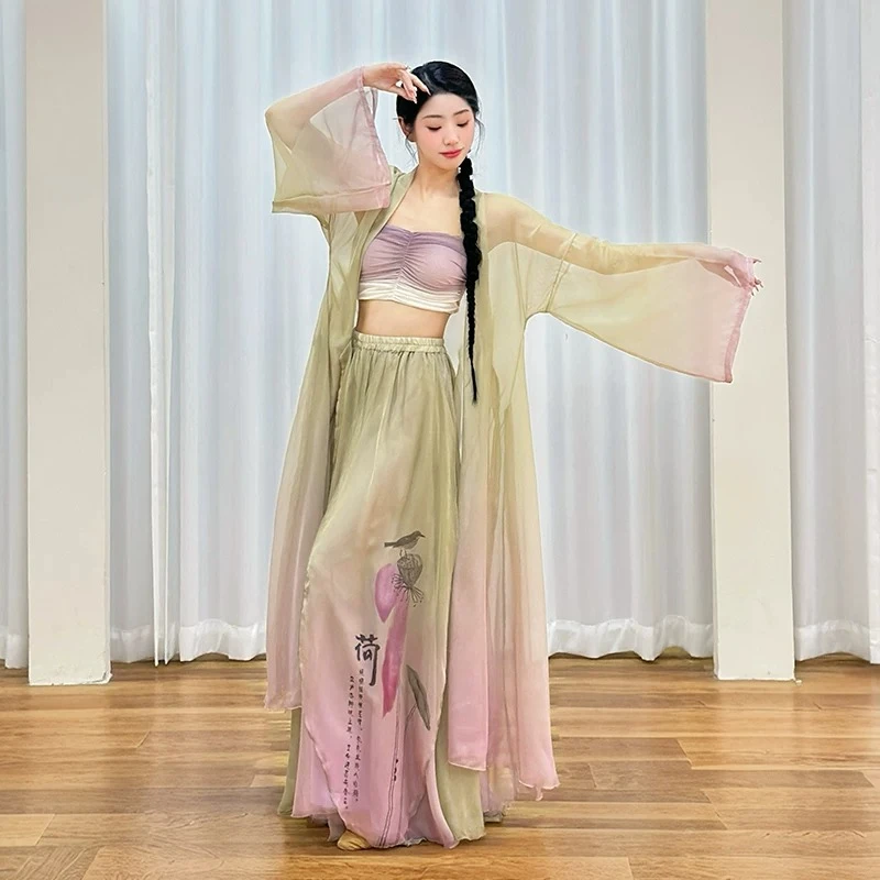

Elegant Ink Gradient Bell Sleeve Gauze Blouse Wide Hem Skirt Chinese Folk Dance Training Dress