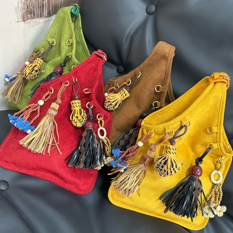 

NEW Natural Suede Tote Handbag For Women Nubuck Leather Tassel pendant Casual Tote Bag Solid Commute Bag Portable Handle Bag