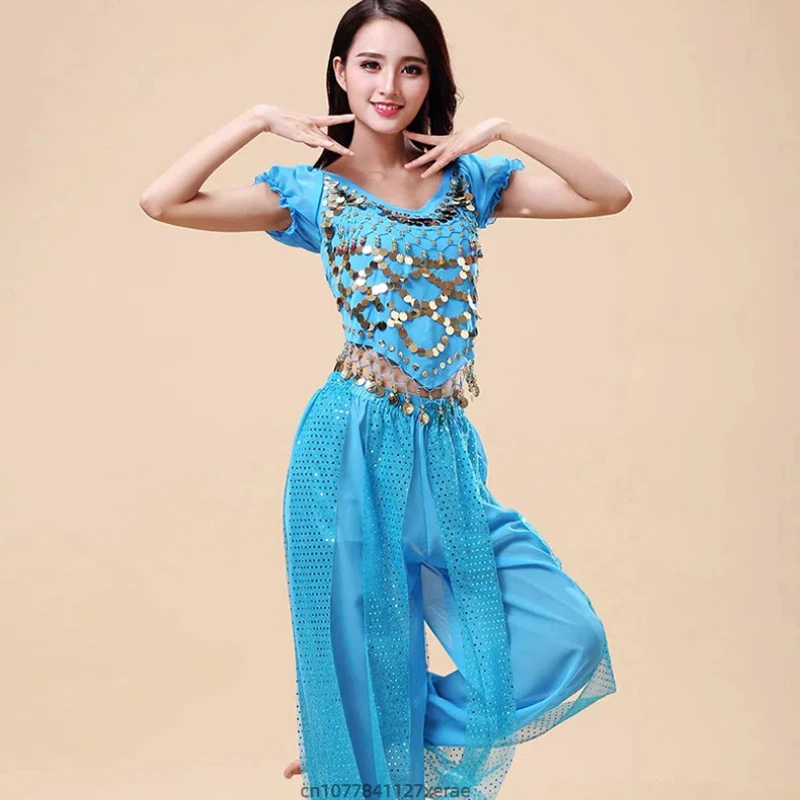New Belly Dance Costume Indian Dance Stage Performance Belly Dance Set Sparkling Top Short Sleeve Long Dance Stage Costume