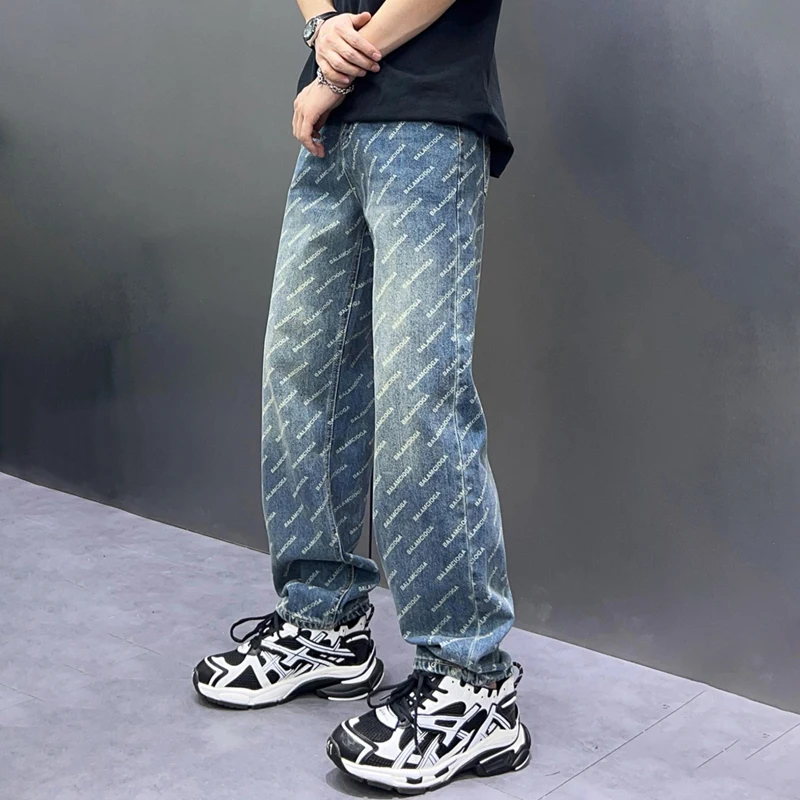 Trendy American letter print men's jeans loose fit straight pants new pants 2024 street trend male