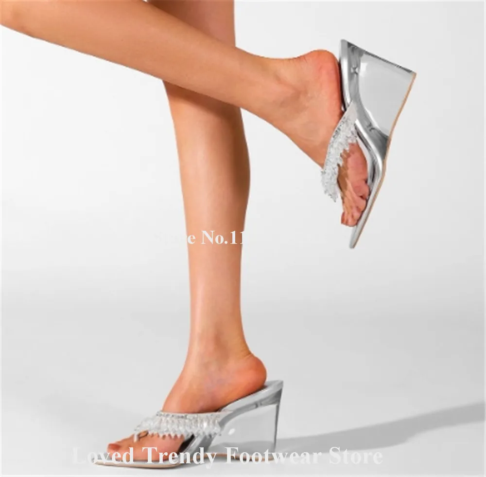 Emeline Dubois Bling Bling Charming Rhinestones Transparent Wedge Sandals Sexy Silver Clip-toe Crystal Slip-on Sandals