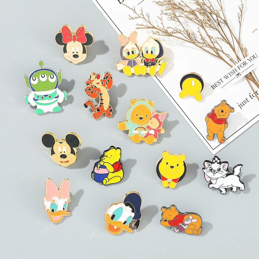 Cartoon Metal Enamel Brooch Cute Mickey Badges Winnie Pooh Bear Donald Duck Lapel Pins for Backpack Jacket Accessories