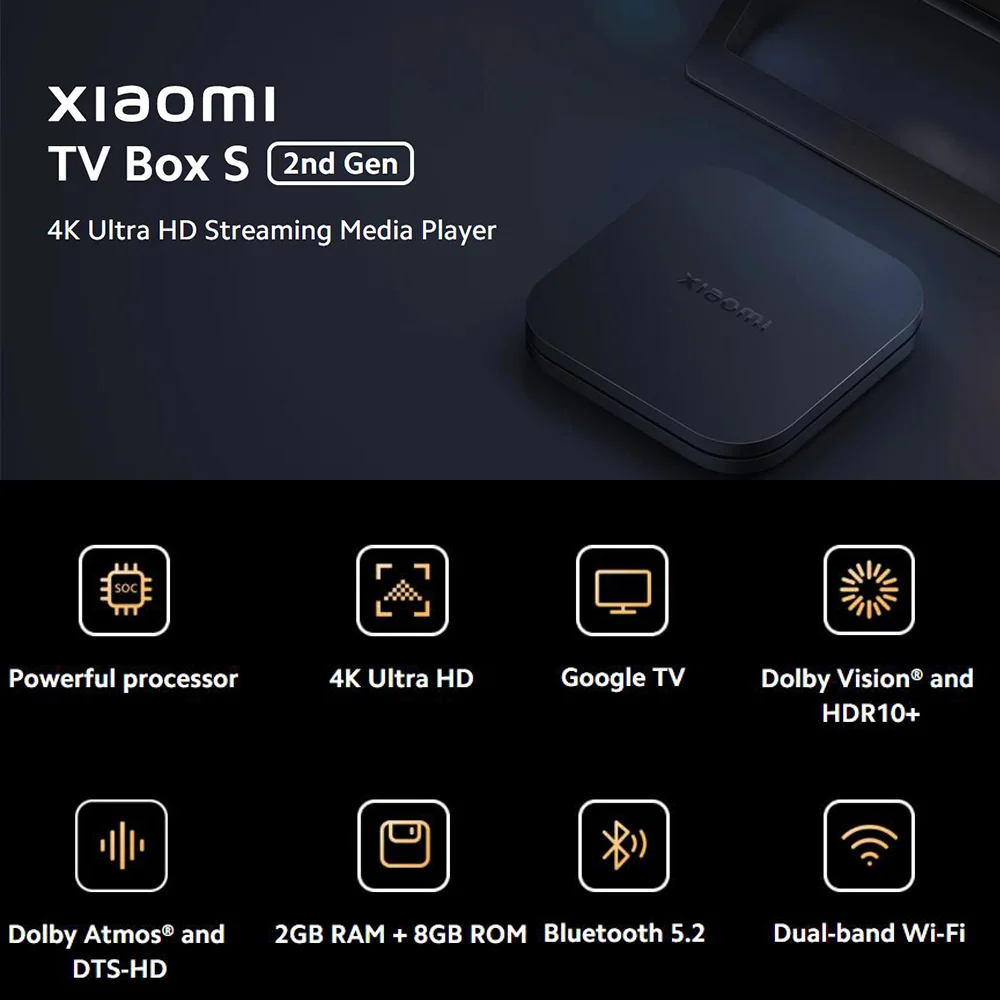 ​Xiaomi Mi TV Box S 2nd Gen, Smart Android TV Box 4k Ultra HD Set-Top Box Google TV Dolby Vision HDR10+ Google Assistant BT5.2