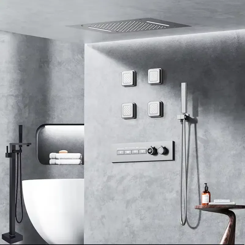 Brass Waterfall Rainfall Shower Mixer Set Hot Cold Water Digital Display Bathroom Faucet Set Concealed SPA System Shower Set