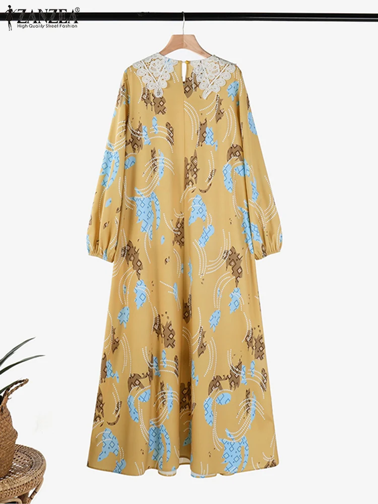 Mulheres floral impresso vestido muçulmano abaya primavera maxi vestido de verão zanzea elegante manga longa rendas retalhos vestidos dubai robe 2025