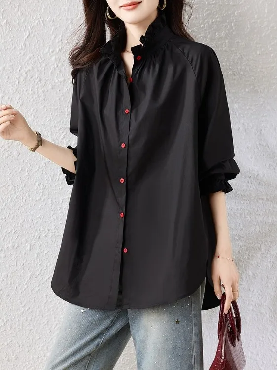 

Spring 2026 New Chinese Style Loose Casual Long Sleeve Women's Shirt Pure Color Midi Length Comfortable Top Commute Wear