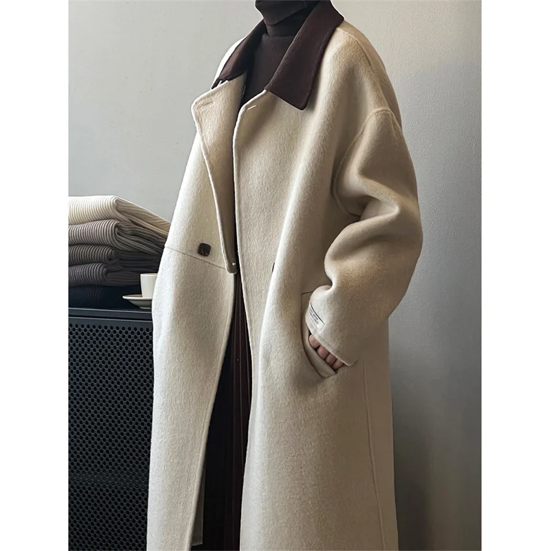 Contrasting Color Lapel Loose Woolen Coat For Women's 2024 Winter New Korean Lazy Style Woolen Coat C31