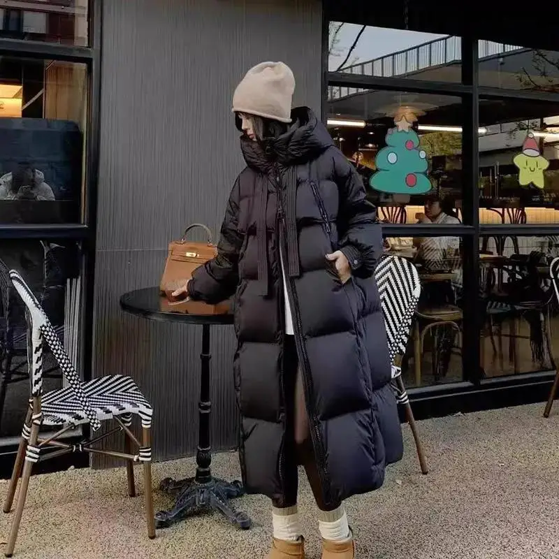 Giacca invernale in cotone da donna lunga calda e spessa, tasca grande, parka casual con cappuccio allentato, giacca casual da donna in puro colore