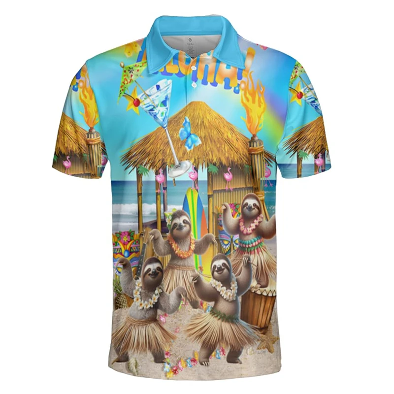 Cute Sloth 3D Printed Polo Shirt For Men Children Cartoon Animal Pattern Short Sleeves Lapel Tees Casual Street Button Shirts image 4