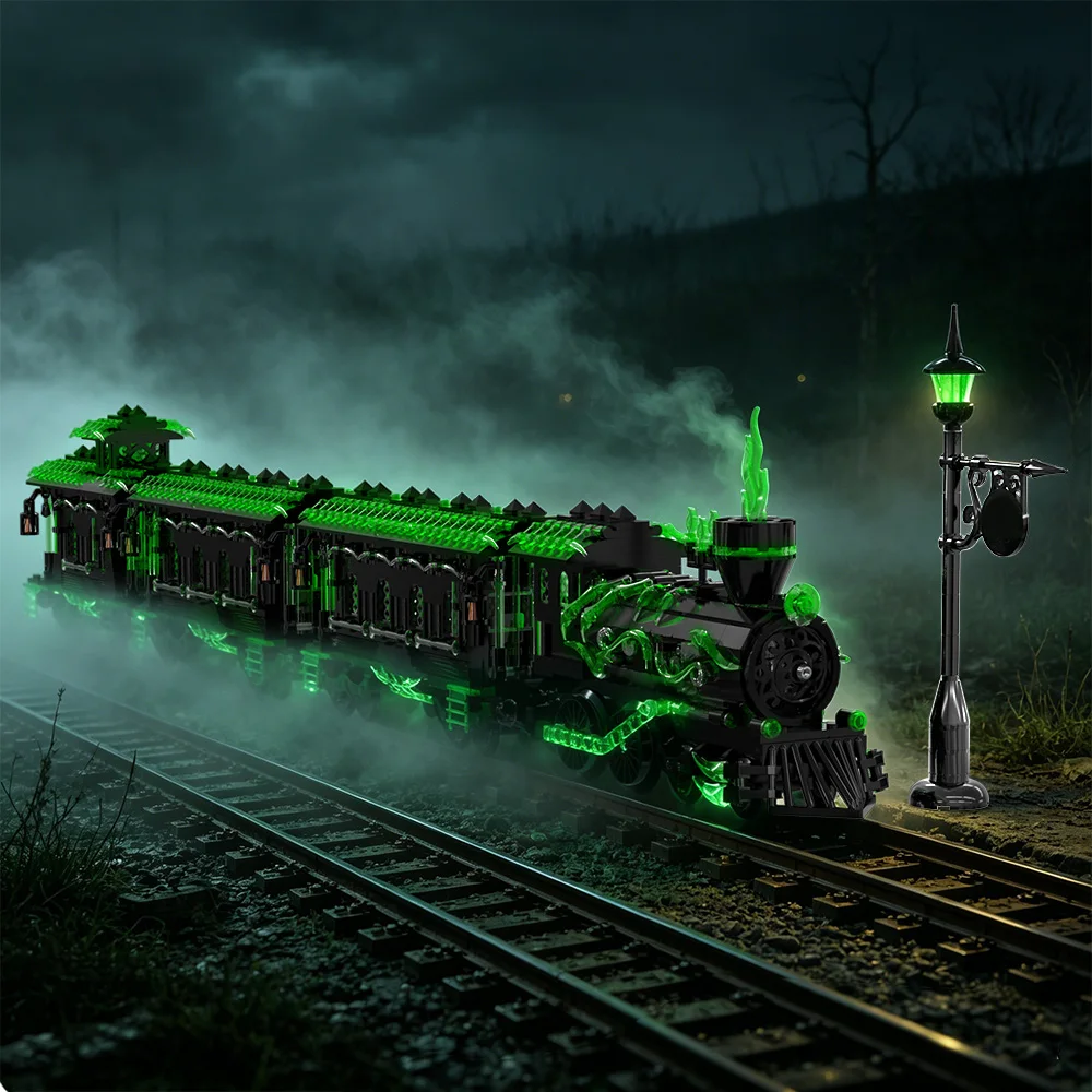 Horror Ghost Train Building Blocks Kit Vintage Steam Train with Light Halloween Home Decor Bricks Toy Adult Gift