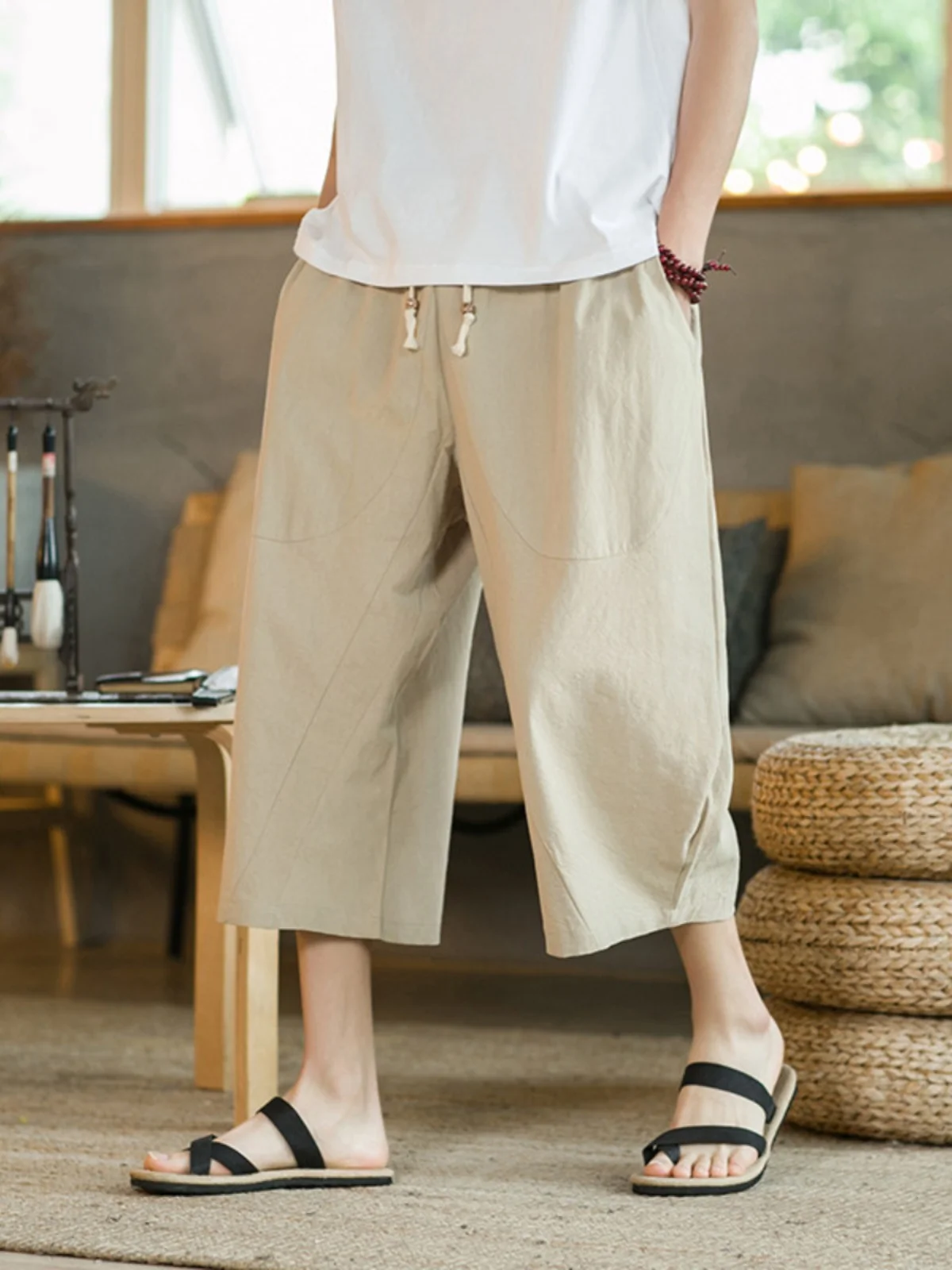 

Summer 2024 Men's Casual Cotton Linen Harlan Pants Trendy Large Size Seven-Foot Dangle Pants Breathable Lightweight Beachwear