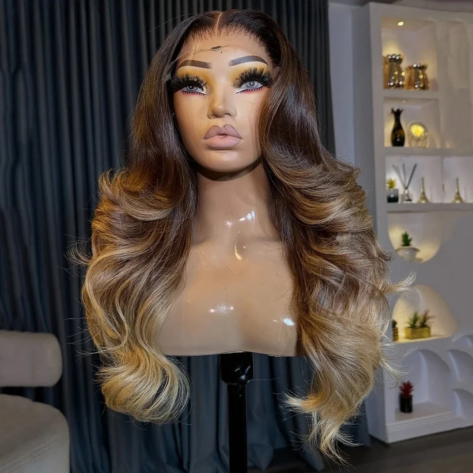

26Inch Glueless Natural 180 Density Ombre Brown Wave 5x5 Silk Base Jewish Human Hair Baby Hair HD Lace European Preplucked