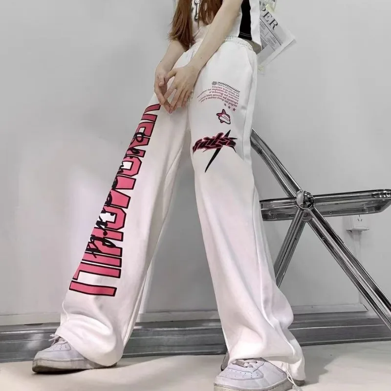Hip-Hop-Streetwear-Hose für Damen mit USA-Herz-Buchstaben-Print, sommerliches, trendiges Design, Vintage-Stil, hohe Taille, weites Bein, lässige Hose zum Tanzen – Detail 8