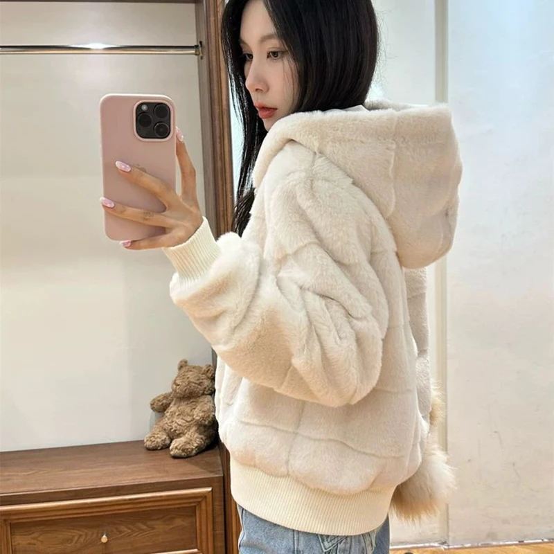 Soft Faux Mink Hooded Jacket Women Zip Up Ribbed Trim Coat Cozy Streetwear Winter Outerwear Top