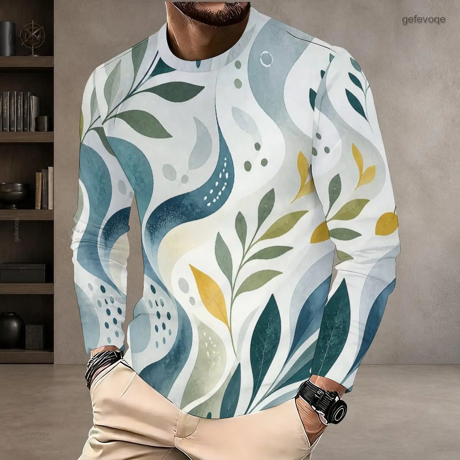 Printed T Shirt for Men Round Neck Long Sleeve Pullover Straight Hem