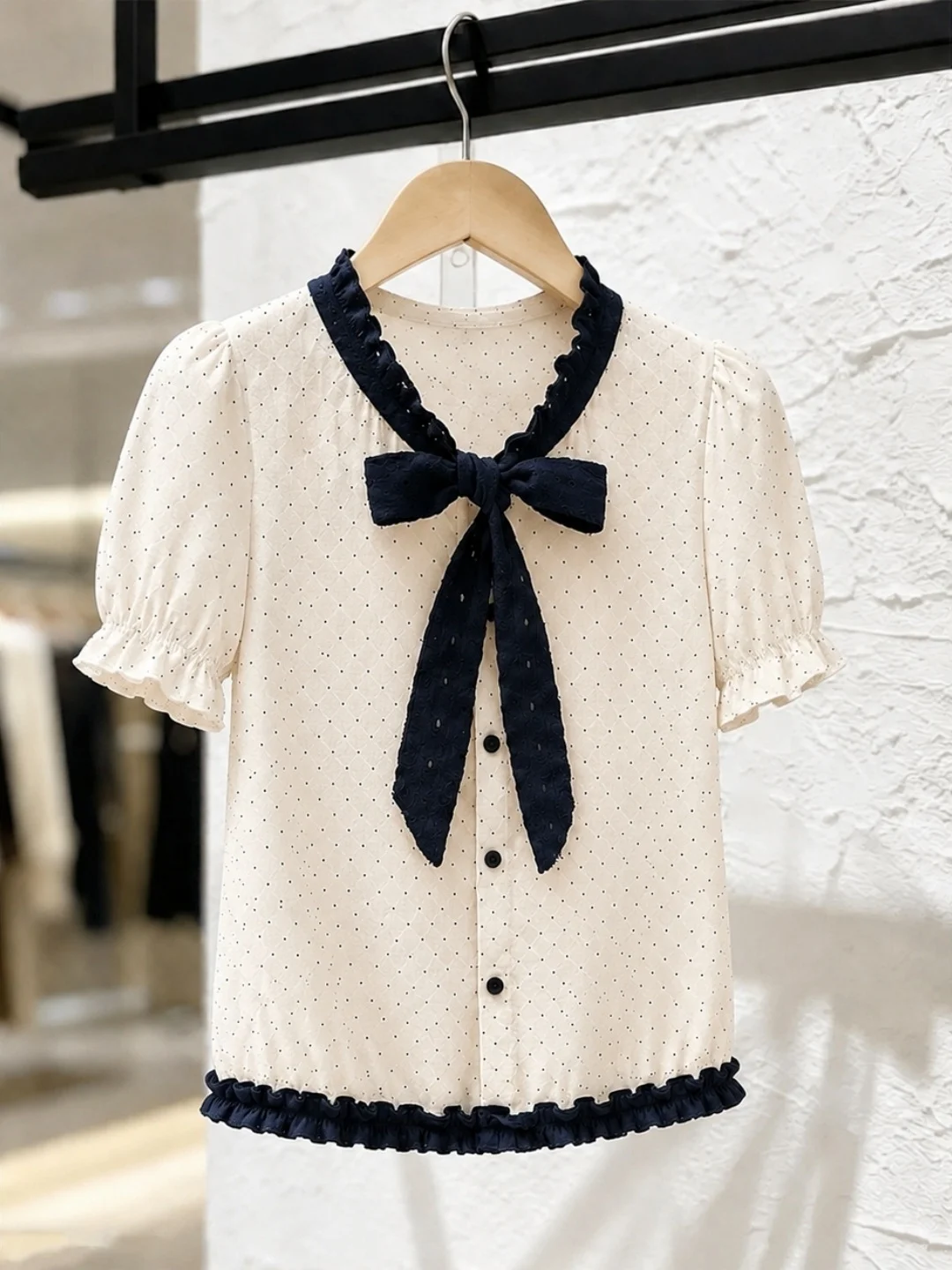 Fashionable Checkered Short Sleeve Shirt Women's Knot Design Color Block Summer 2026 Commute Style Straight Cut Bicolor Shirt