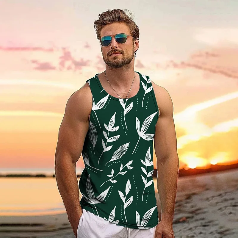 New Harajuku 3D Tropical Leaves Printing Tank Top Men Coconut Trees Graphic Vest Summer Hawaiian Tank Tops Fashion Clothing Tops