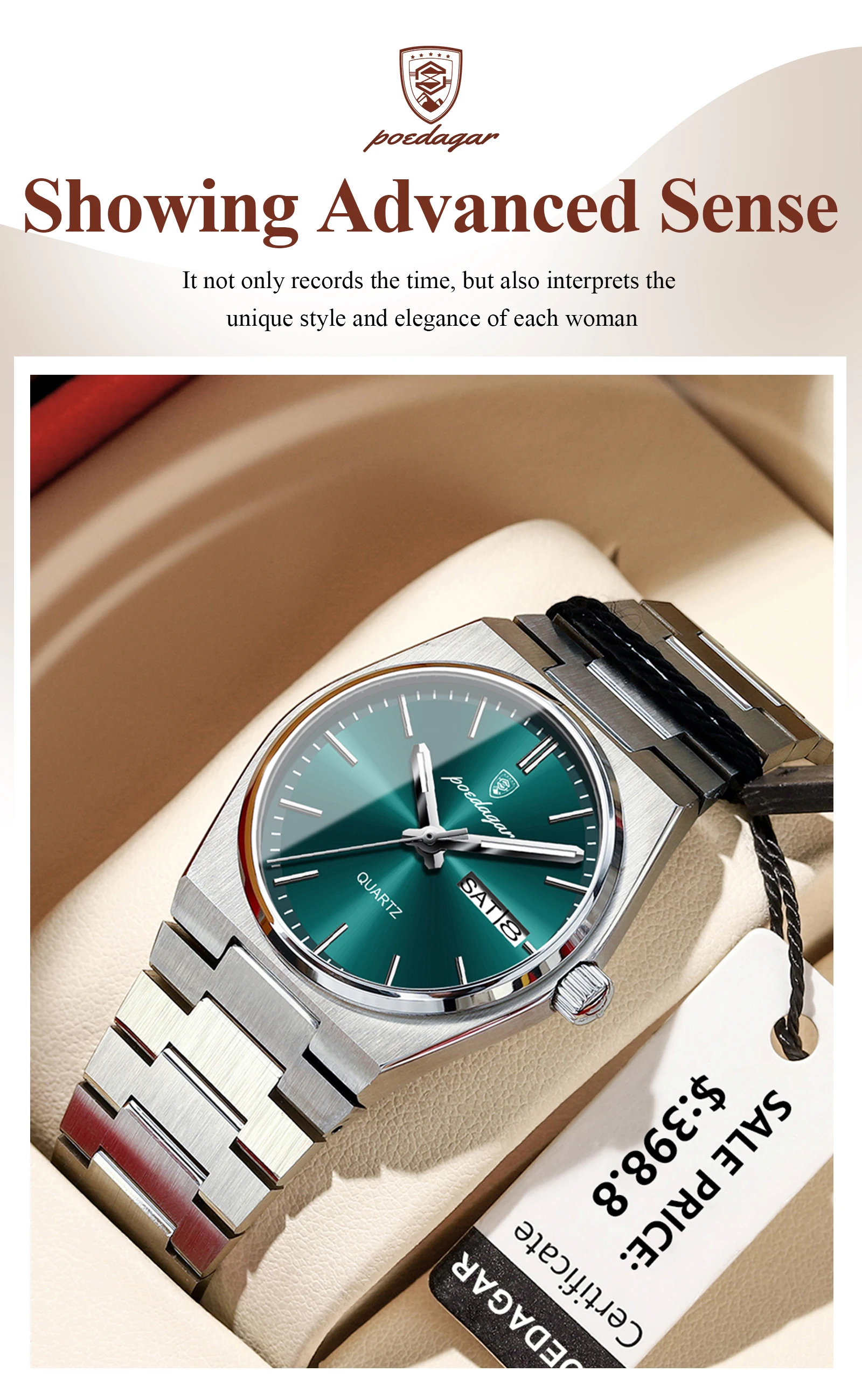 POEDAGAR Elegante Uhren Für Frauen Wasserdicht Leucht Datum Woche Damen Uhr Quarz Edelstahl Frau Mode Armbanduhr – Detail 11