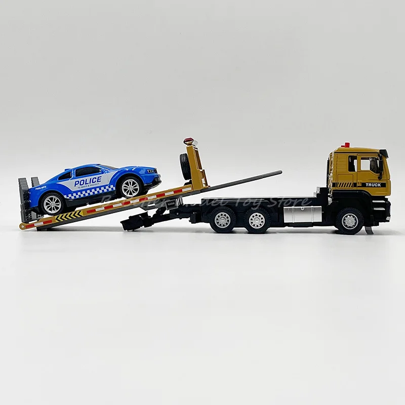 1:50 Diecast Truck Model Toy Flatbed Traffic Rescue Wrecker With Police Car Miniature Replic With Sound & Lights